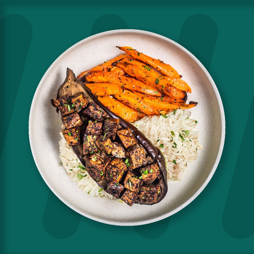 Tamarind Miso Tofu With Smoked Aubergine, Coconut Rice, Orange Cumin Glazed Carrots