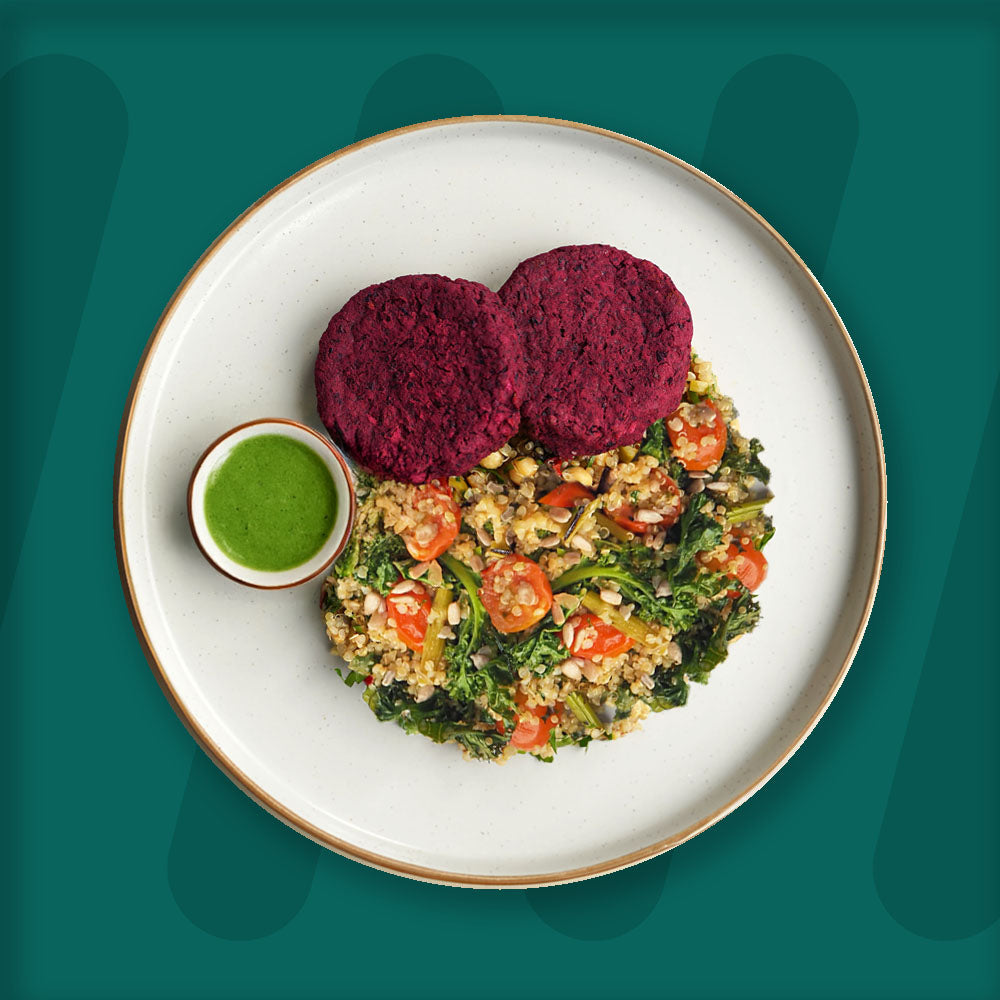 Smoked Beetroot, Black Bean & Halloumi Patties, Charred Asparagus, Roasted Cherry Tomato, Kale And Quinoa Salad, Mediterranean Sauce