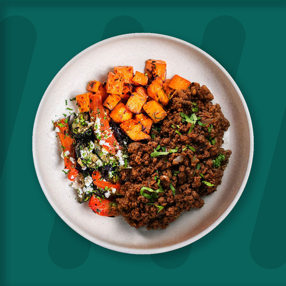 Mexican Minced Beef, Roasted Sweet Ptoato, Roasted Mix Veg With Feta & Garden Herbs