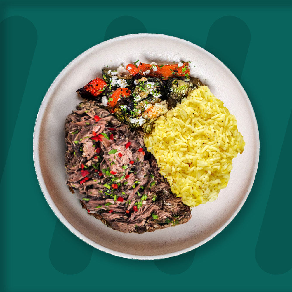 Smoked Pulled Beef, Saffron Rice, Roasted Mix Veg With Feta & Garden Herbs