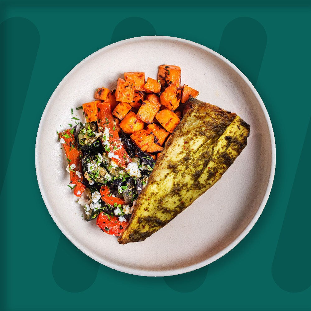 Chermoula Sea Bass, Roasted Sweet Potato, Roasted Mix Veg With Feta & Garden Herbs