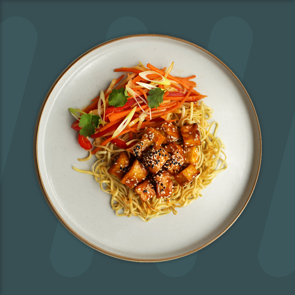 ISS Soy And Miso Tofu, Garlic and Sesame Stir Fry Veg, Egg Noodles