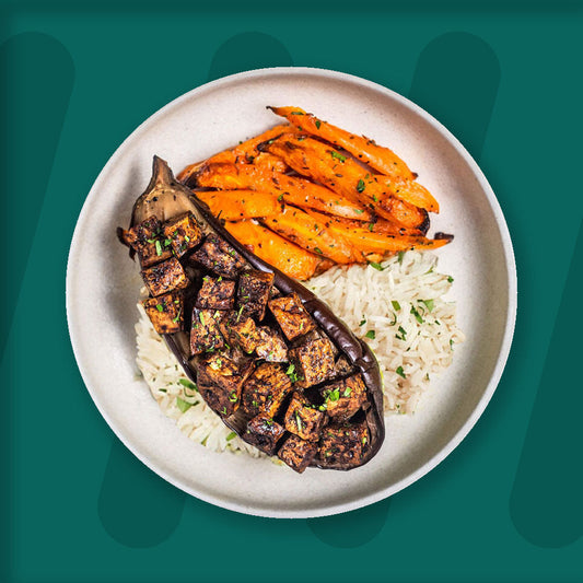 Tamarind Miso Tofu With Smoked Aubergine, Coconut Rice, Orange Cumin Glazed Carrots