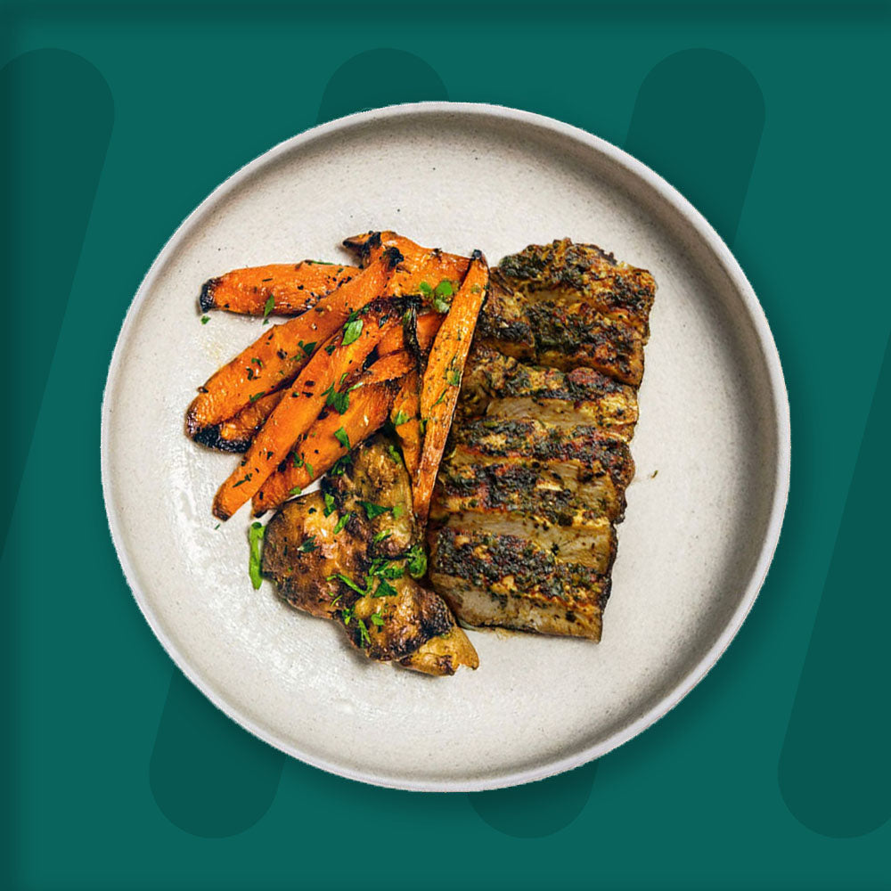 Chermoula Chicken, Garlic & Herb Crushed New Potato, Roasted Carrots