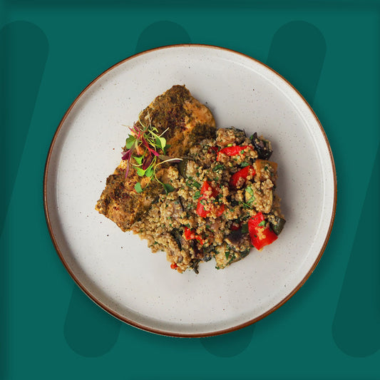 Chermoula Salmon, Quinoa And Roasted Mixed Veg Salad