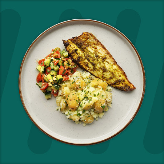 Lemon and Herb Sea Bass, Chive and Garlic Crushed Potato, Olive and Feta Salad