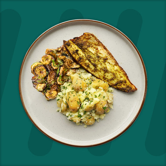 Lemon And Herb Sea Bass, Chive And Garlic Crushed Potato, Roasted Aubergine And Courgette