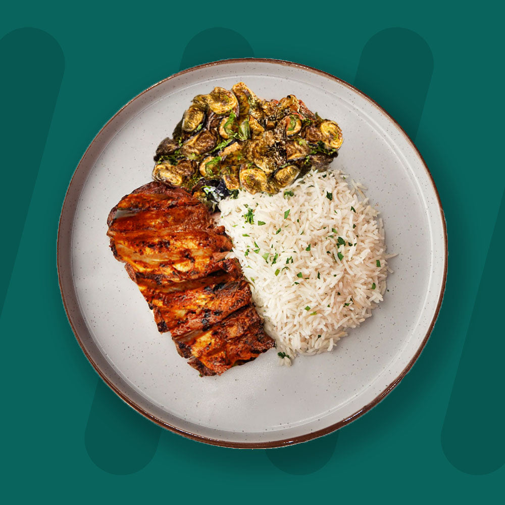 Harissa And Orange Chicken, Coconut Rice, Roasted Courgette And Aubergine