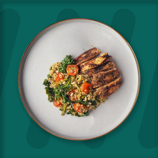 Mediterranean Grilled Chicken, Charred Asparagus, Roasted Cherry Tomato, Kale And Quinoa Salad