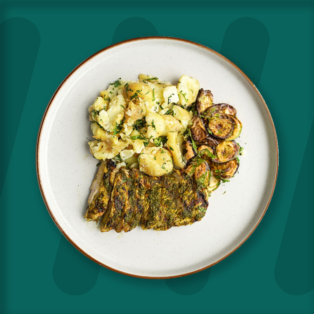 Mediterranean Grilled Chicken, Chive And Garlic Crushed Potato, Roasted Courgette And Aubergine
