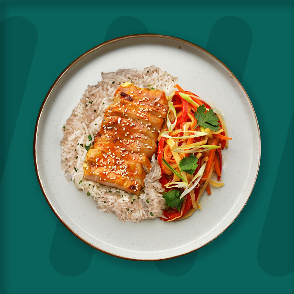 Miso Chicken, Coconut Rice, Soy, Garlic And Sesame Stir Fry Veg