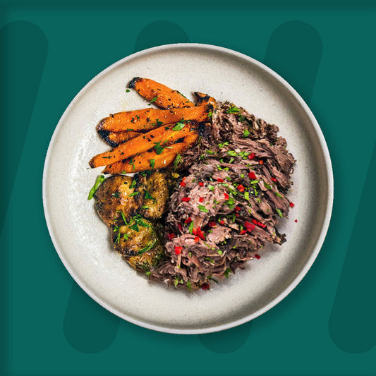 Smoked Pulled Beef, Garlic & Herb Crushed New Potato, Orange Cumin Glazed Carrots