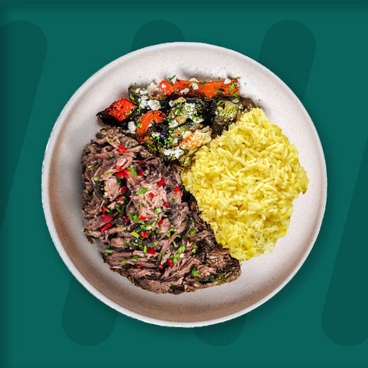 Smoked Pulled Beef, Saffron Rice, Roasted Mix Veg With Feta & Garden Herbs