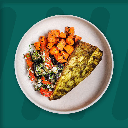 Chermoula Sea Bass, Roasted Sweet Potato, Roasted Mix Veg With Feta & Garden Herbs