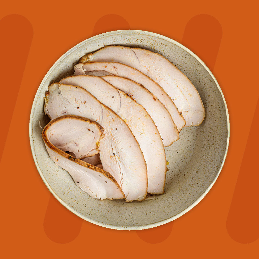 A bowl of thinly sliced roasted turkey breast, arranged neatly, with a light seasoning, displayed against a warm orange background.