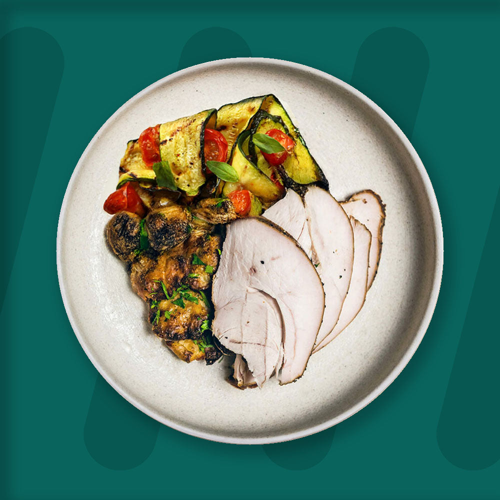 Smoked Turkey, Garlic & Herb Crushed New Potato, Charred Courgette, Roasted Tomato, Basil And Lemon